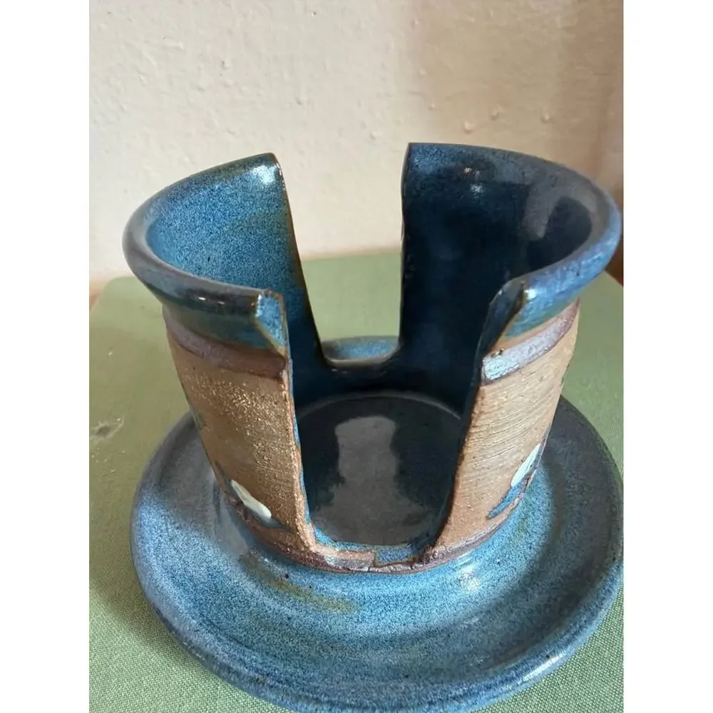 Signed Studio Pottery Floral Candle Holder – Handcrafted Blue & Brown Stoneware